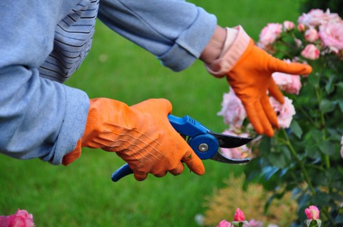 Team carrying out garden maintenance with protective gear