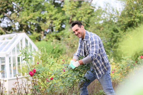 Garden maintenance crew pruning and tidying a suburban yard